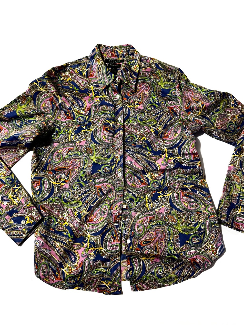 Ralph Lauren Women’s Sz L Non-Iron Multicolored Paisley Print Button Down Shirt